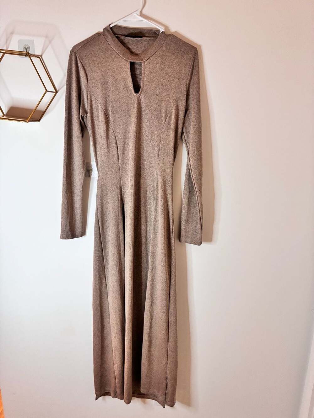 Celeb Brown Long Sleeve Open Back Quadruple Slit Maxi Shirt Dress Size Large